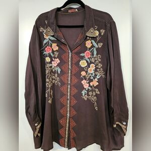 Johnny Was Embroidered Floral Button Up Blouse
